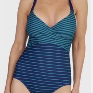 Penbrooke Women’s One Piece Halter Surplice Navy & Teal Striped Swimsuit Size M